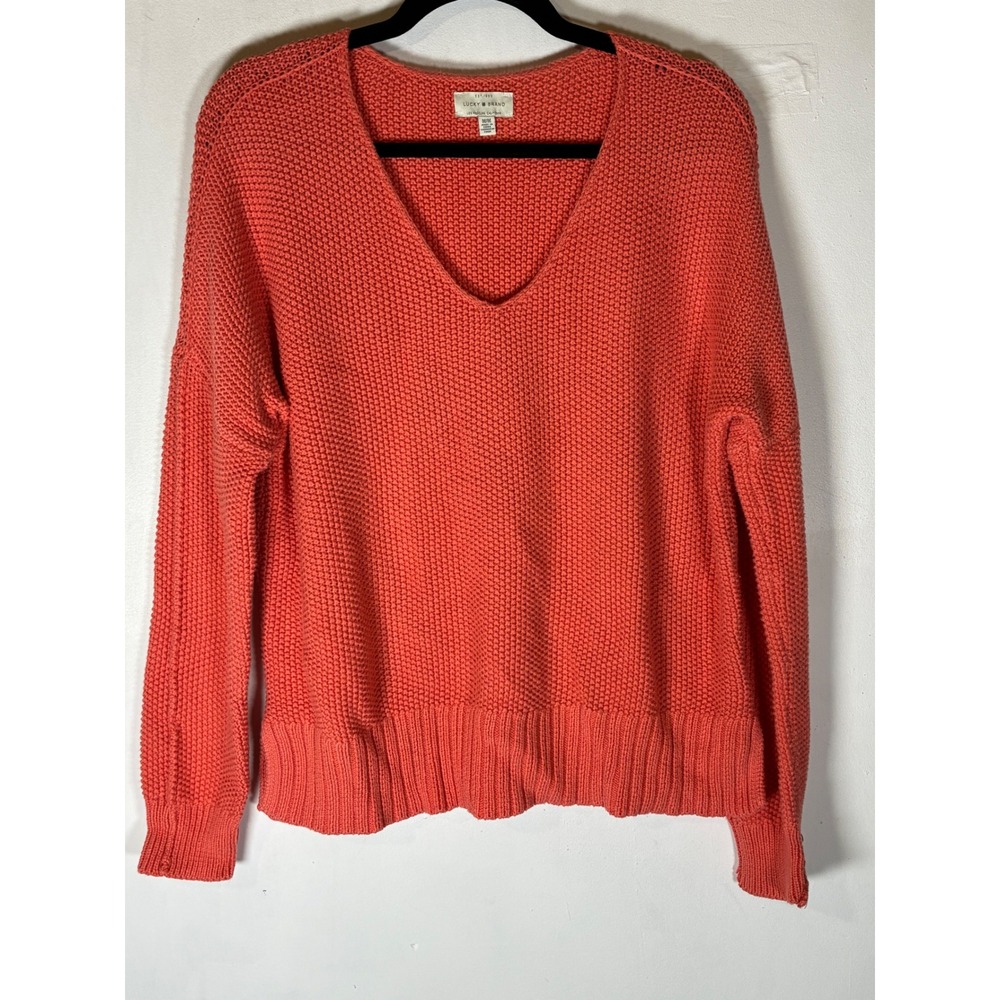 Lucky Brand M Coral Pink Textured Knit V Neck Cotton Blend Sweater Beach Coastal